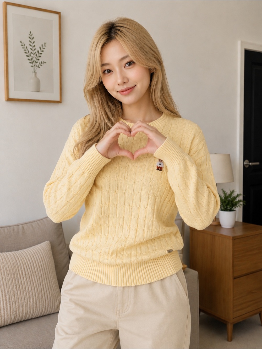 Sunshine Cable Knit Crewneck Sweater - Pale Yellow